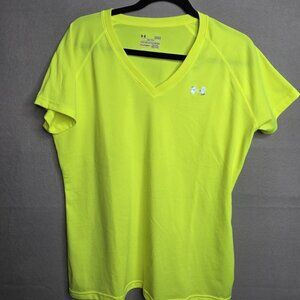 Under Armour WO Shirt Womens Large Neon Yellow Heat Gear V-Neck Semi Fitted